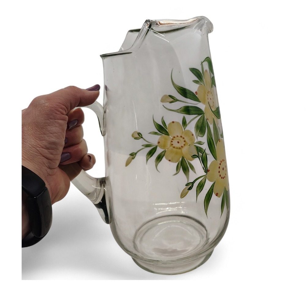 Floral Glass Pitcher Hand Painted Yellow Flowers Kitchen Decor 10 Inch Tall